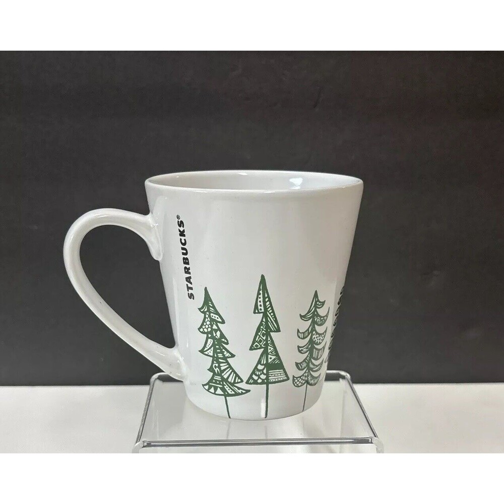 Starbucks White Coffee Mug Cup Green Pine Christmas Trees 2015 12 FL oz Holiday